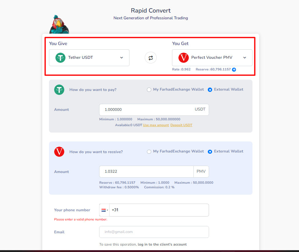 Converting Perfect Money and Tether with Decentralized Exchange Farhad  Exchange
